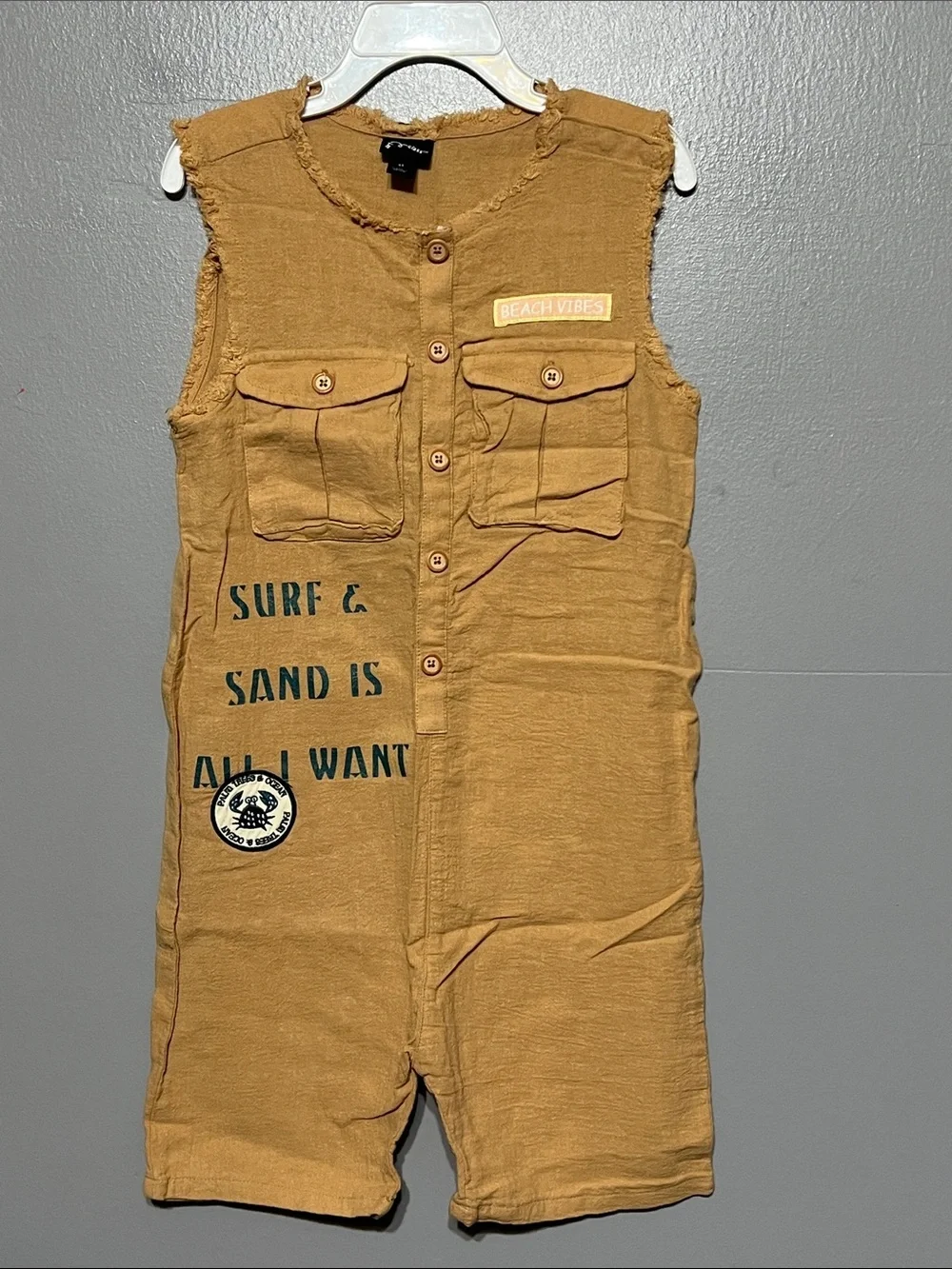 Art Class Sleeveless Fringe Linen Cotton Blend Romper Tan One Piece Boy’s 4T
